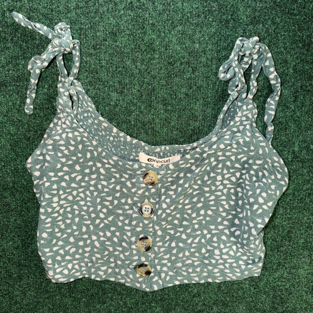 Rip Curl Green & White Crop Button Top Women's Size Small W/ Shoulder Ties